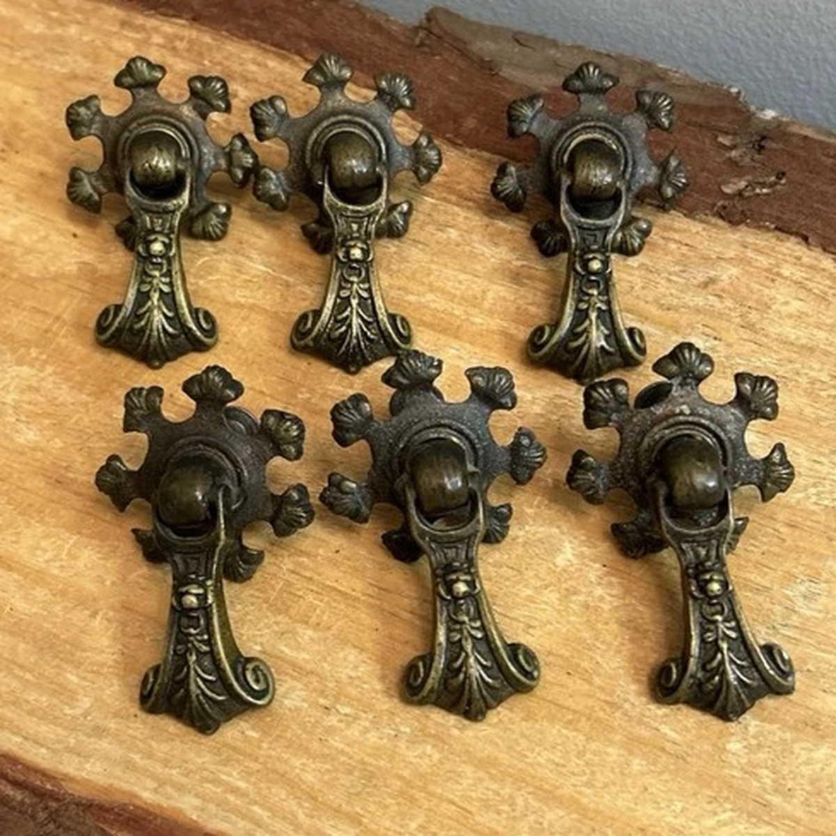 Antique Brass, Hanging Drop Drawer Pulls. Set of 6
