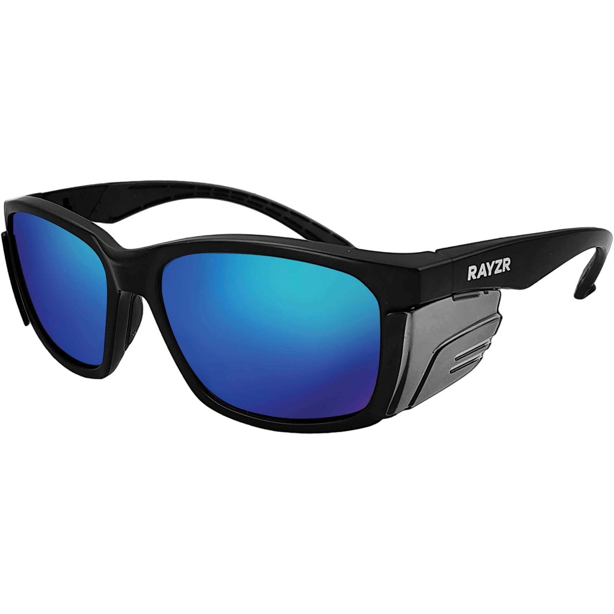 Maxisafe Rayzr Safety Glasses with microfibre bag – Black Frame with Blue Mirror Lens – ERZ361