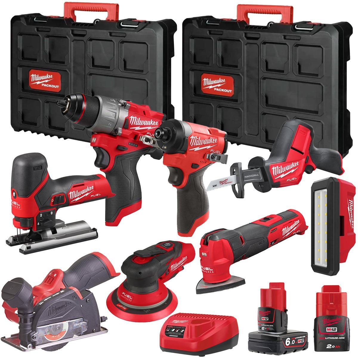 Milwaukee M12FPP7B2-627P 12V Fuel 8 Piece Powerpack Tool Kit with 1 x 6.0Ah & 2.0Ah Batteries, Charger & Case