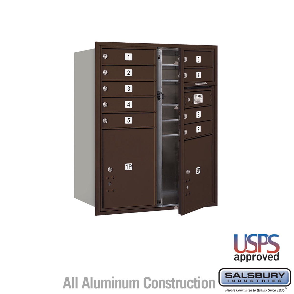 10 Door High Recessed Mounted 4C Horizontal Mailbox with 9 Doors and 2 Parcel Lockers in Bronze with USPS Access – Front Loading