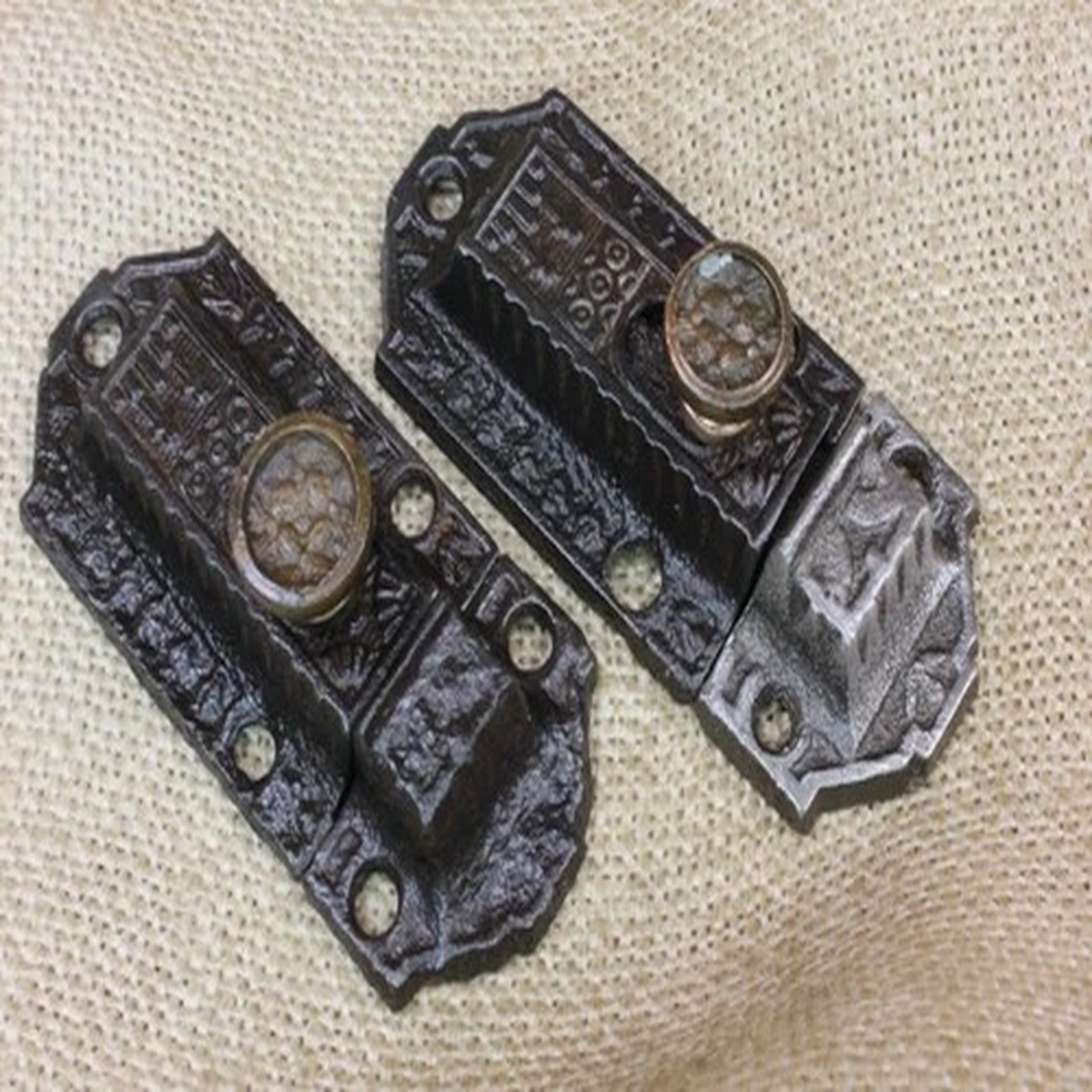 2 Old Cabinet Catches Cupboard Latches Brass Knob Rustic Iron 3 1/4 Vintage