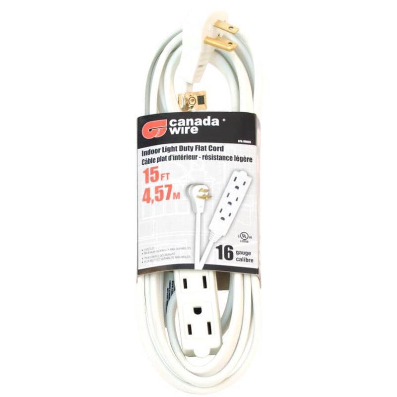 3 Outlet Flat Plug Indoor Extension Cord – White, 4.5 m