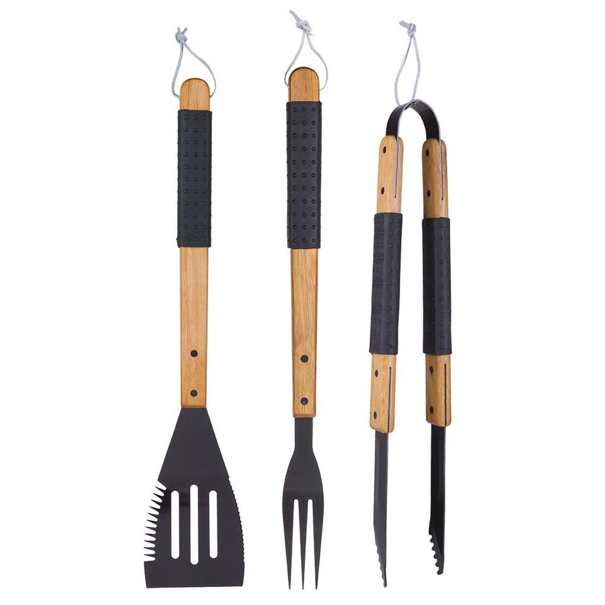 02162YNST – BBQ TOOL SET WOODEN HANDLES WITH RUBBER GRIP 3PCS/SET