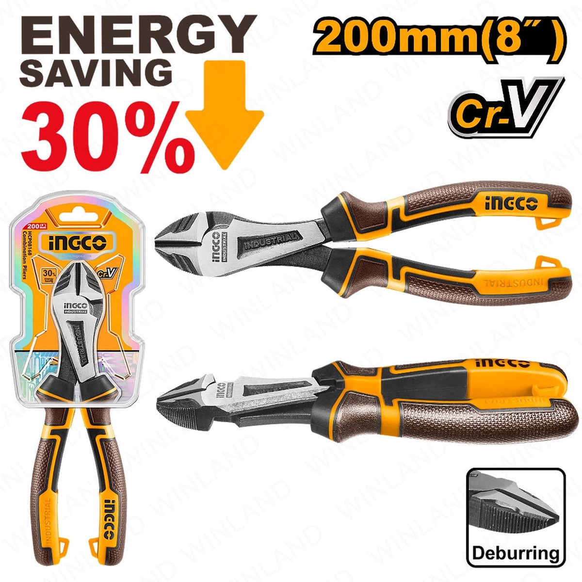 Ingco by Winland 8in/200mm CR-V Material High Leverage HeavyDuty Diagonal Cutting Pliers HHHDCP28200