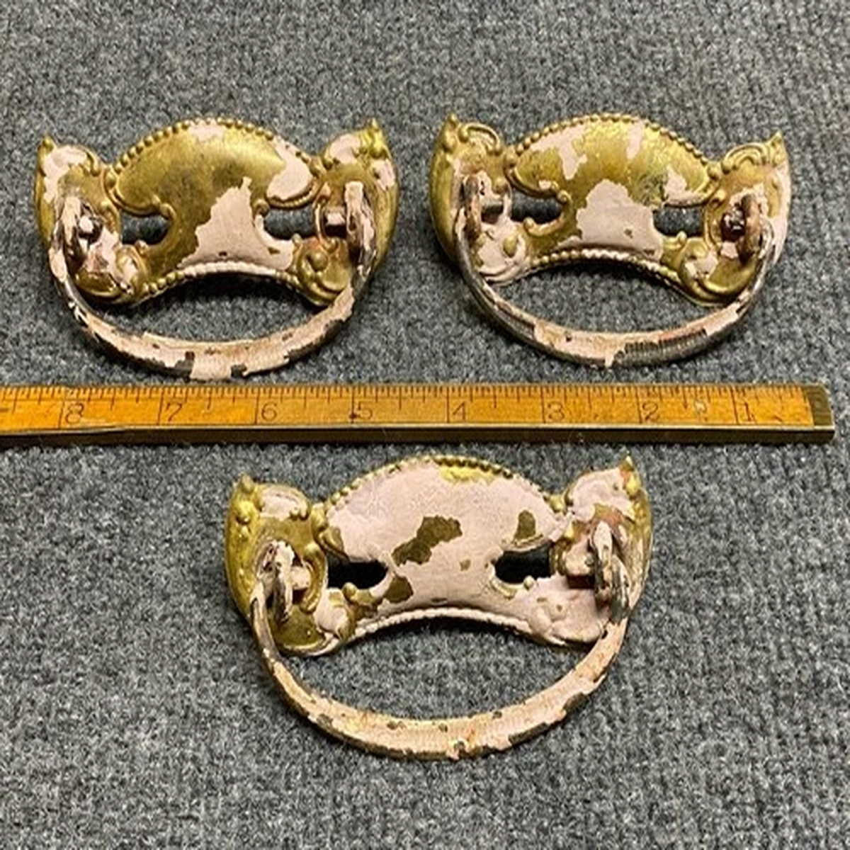 (3) Antique Brass Drawer Pulls 3 With Cast Iron Bails