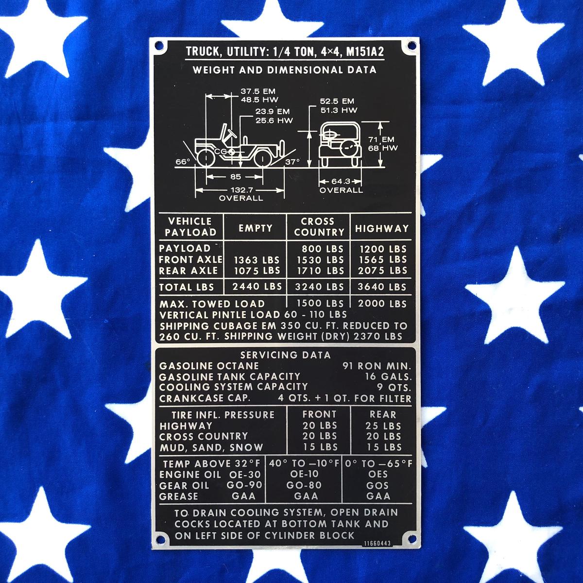 M151A2 NOS Weight & Dimensional Data Plate